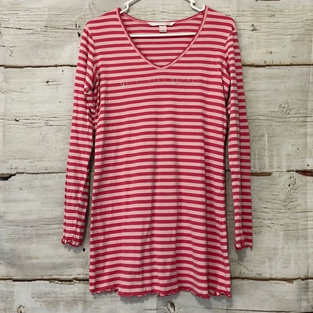 Victoria Secret Long Sleeve Cotton Nightgown Pink Striped Size Medium